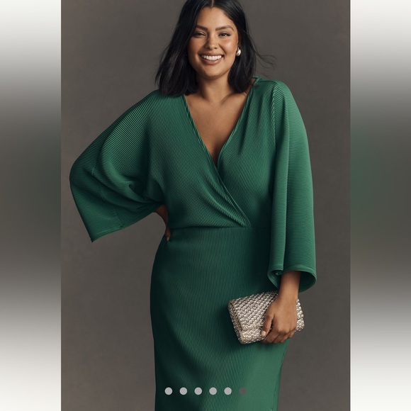 💚 By anthropologie plisse v-neck wrap midi dress dark green pleated 1X PREOWN - Picture 11 of 17